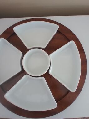 White Ceramic Serving Set with Wooden Plate